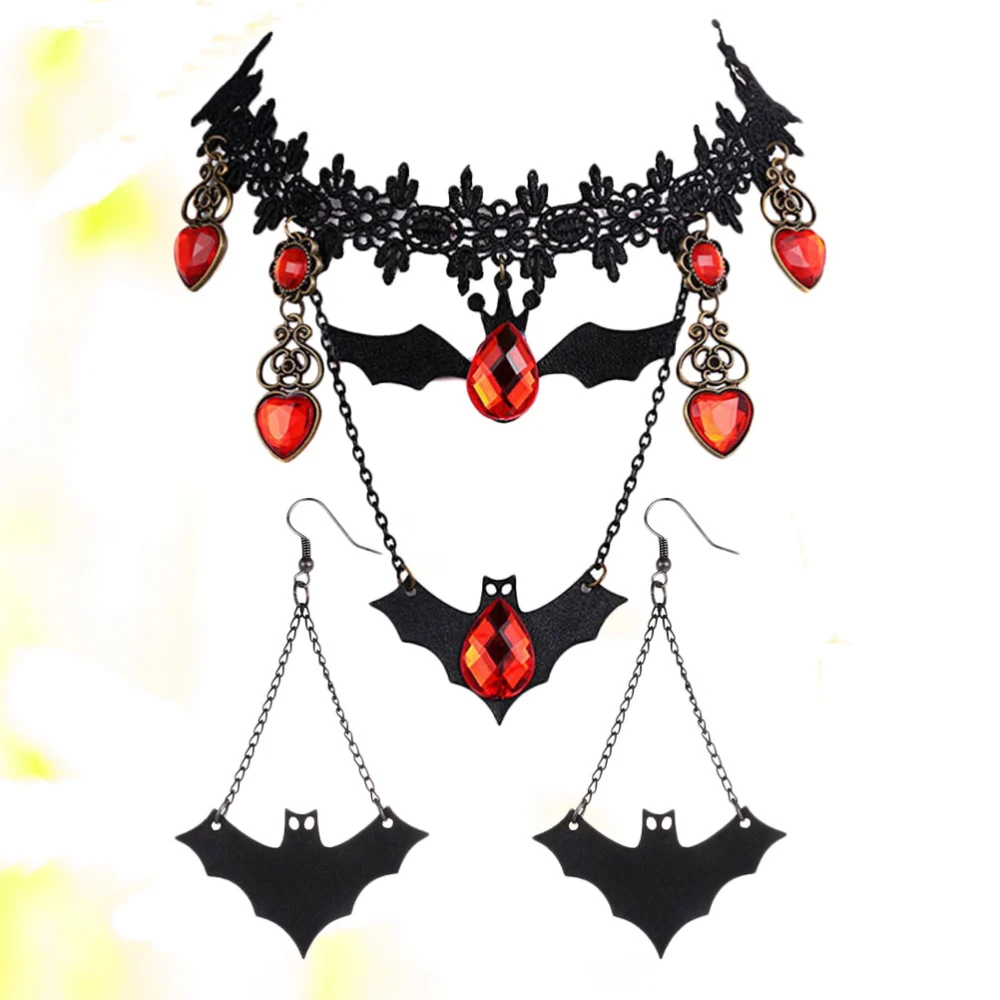 Halloween Necklace Earring Animal Bat Decorative Necklace Earring Retro Creative Lace Necklace (Necklace and Earring, Black)