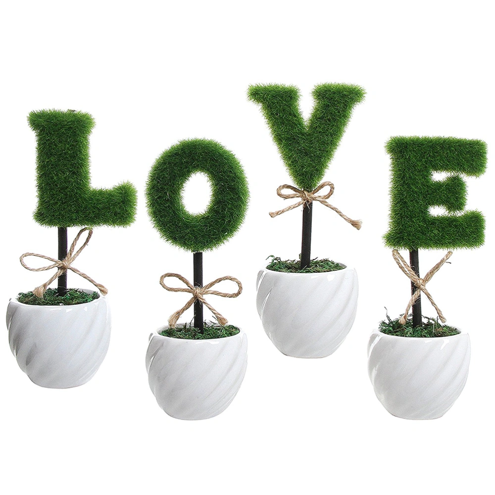 4pcs/set LOVE Mini Artificial Plants Set Small Potted Plants Simulation Flower Pots Home Table Window Decor Wedding Supplies