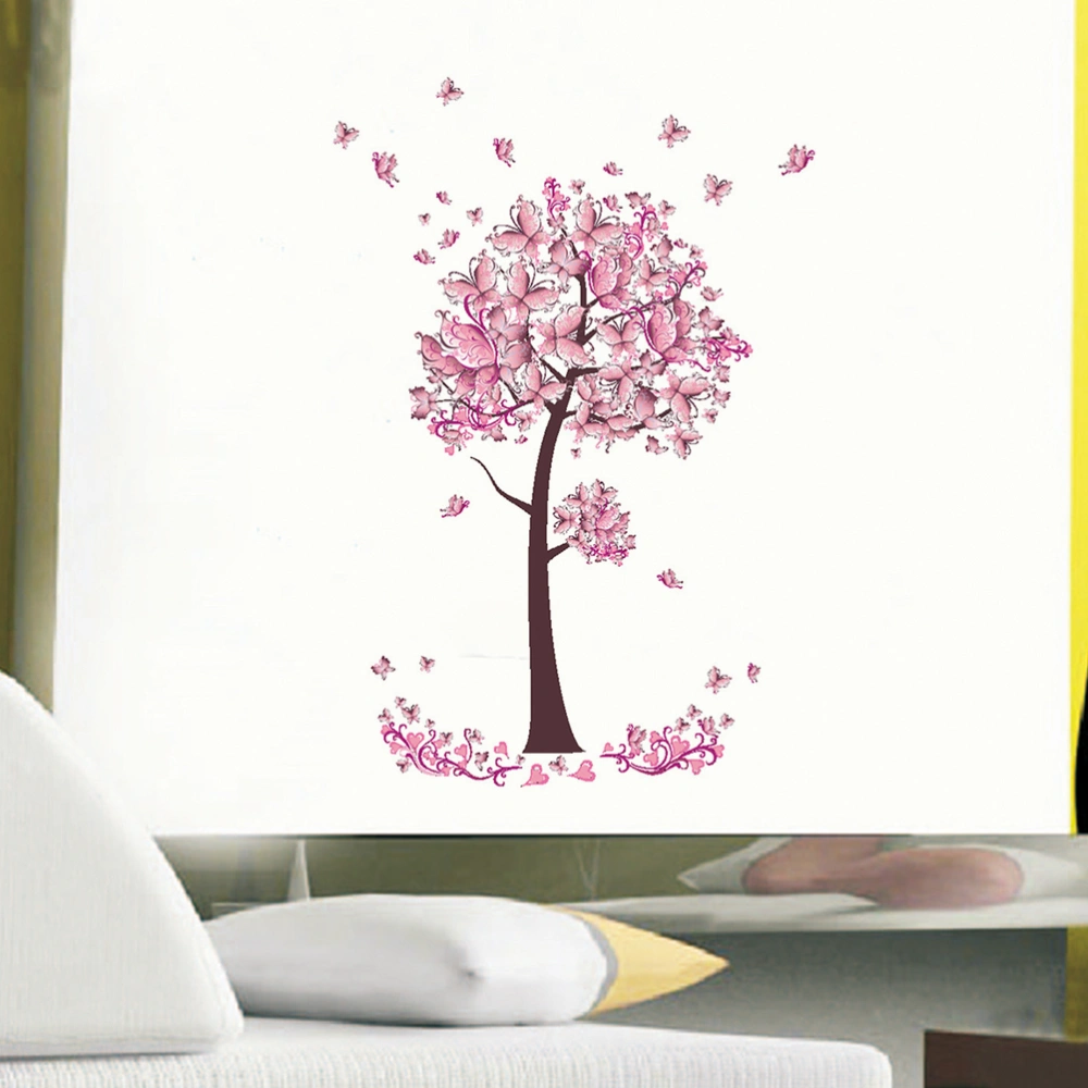 Pink Butterflies Tree Wall Sticker Vinyl Removable Art Wall Decals for Living Room TV Sofa Background Decoration