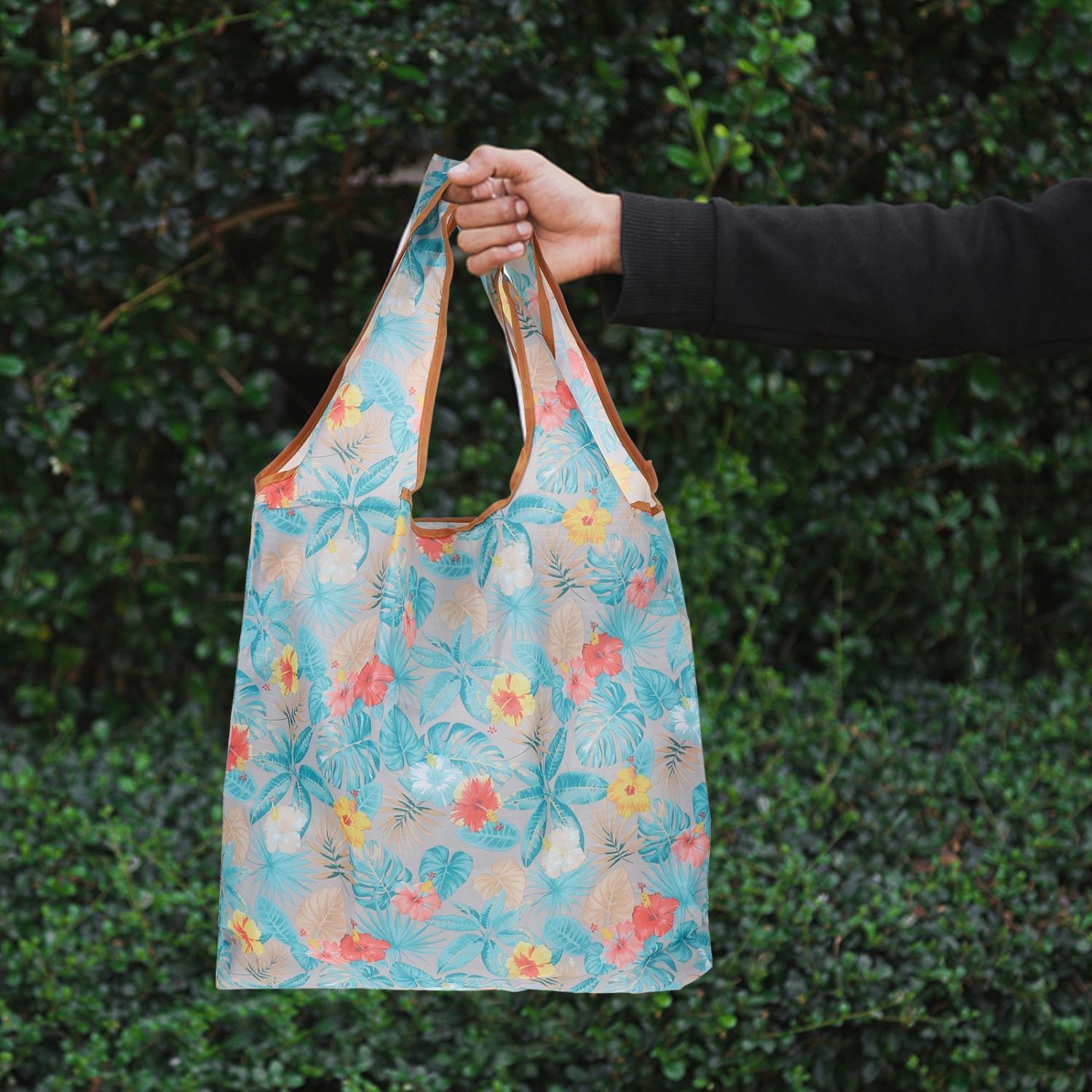 1pc Shopping Bag Flower Leaf Printing Foldable Knitting Yarn Storage Bag Handbag