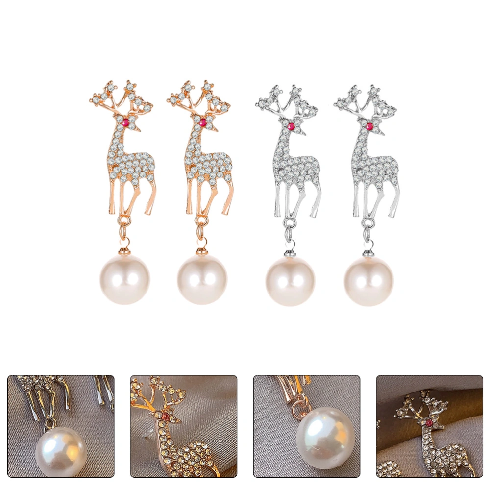 2Pairs Christmas Elk Shaped Earrings Rhinestone Ear Chains (Golden Silver)