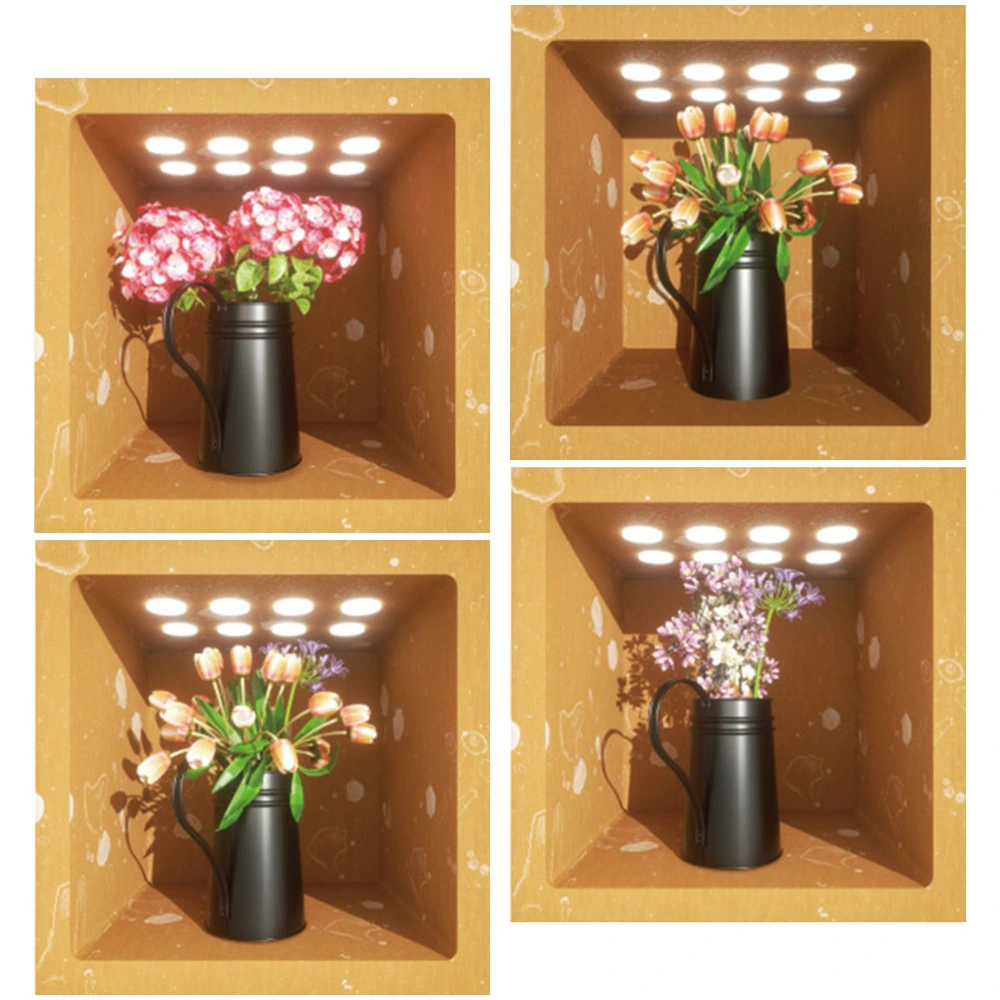 4Pcs 3D Flowers Vase Stickers Self Adhesive Floral Vase Wall Sticker for Bedroom