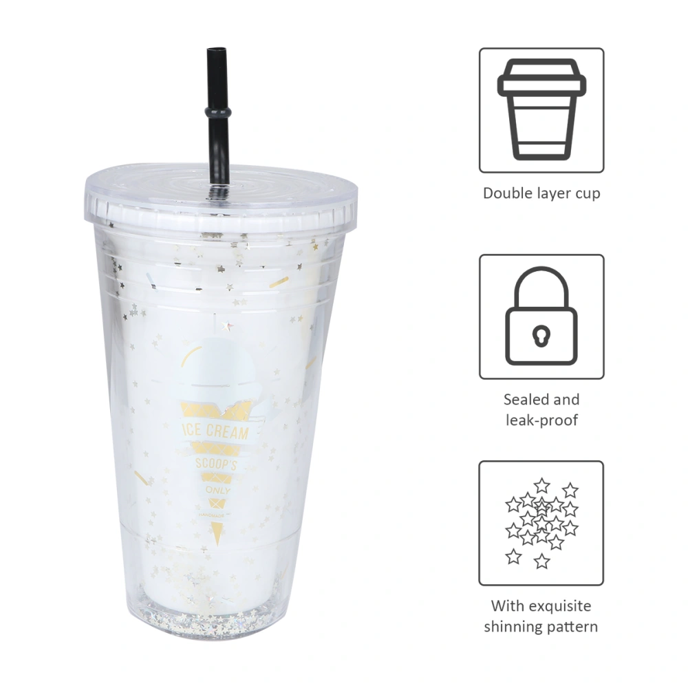 1PC Double-layer Straw Cups Creative Summer Drinking Bottle Plastic Storage Water Bottle Portable Household Water Cup for Home Office Use (White 480ML)