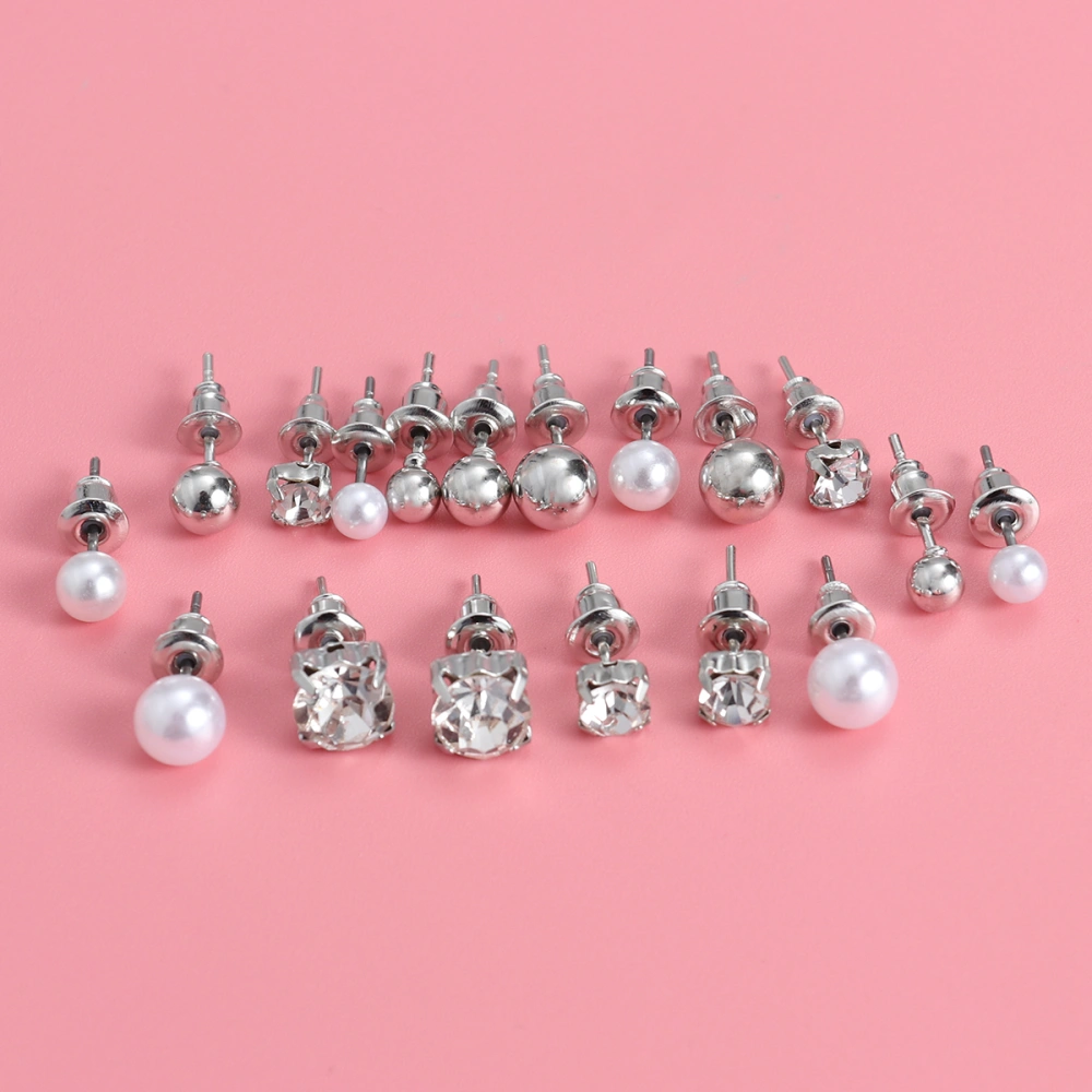 9pairs/set Earrings Lovely Stylish Decorative Pearl Rhinestone Shiny Stud Earrings (Silver Sets)