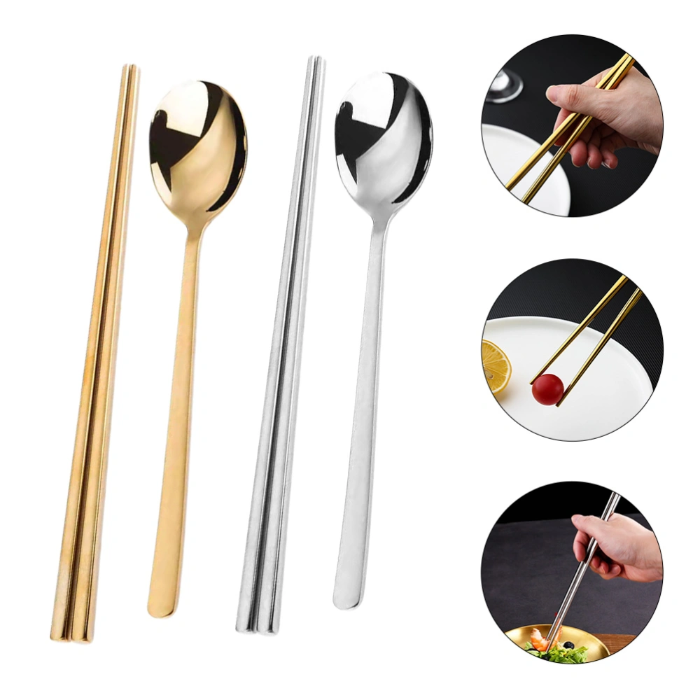 2 Sets Chopsticks and Spoons Stainless Steel Metal Korean Chopsticks Spoon