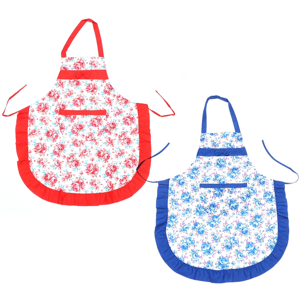 2pcs Women Floral Bowknot Kitchen Restaurant Greaseproof Cooking Pocket Dress Apron Polyester Sleeveless Apron (Random Color)