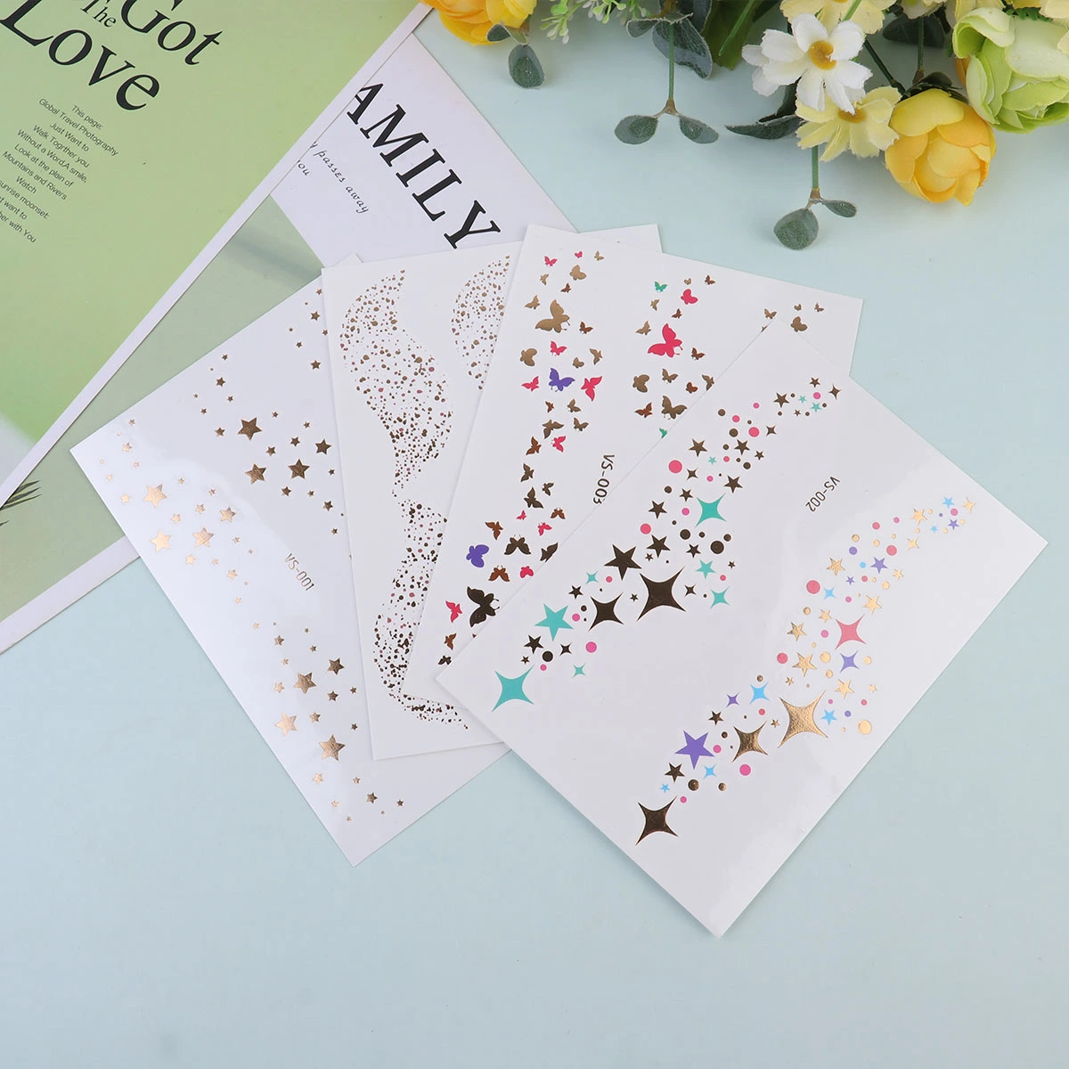 8Pcs Gilding Facial Stickers Waterproof Temporary Tattoos Decorative Sticker Freckle Face Decal (VS-001 + VS-002 + VS-003 + VS-004, 2Pcs/Each)