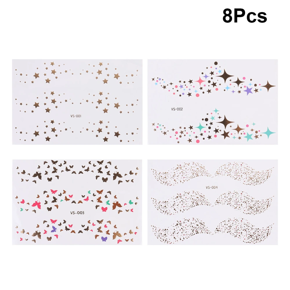 8Pcs Gilding Facial Stickers Waterproof Temporary Tattoos Decorative Sticker Freckle Face Decal (VS-001 + VS-002 + VS-003 + VS-004, 2Pcs/Each)