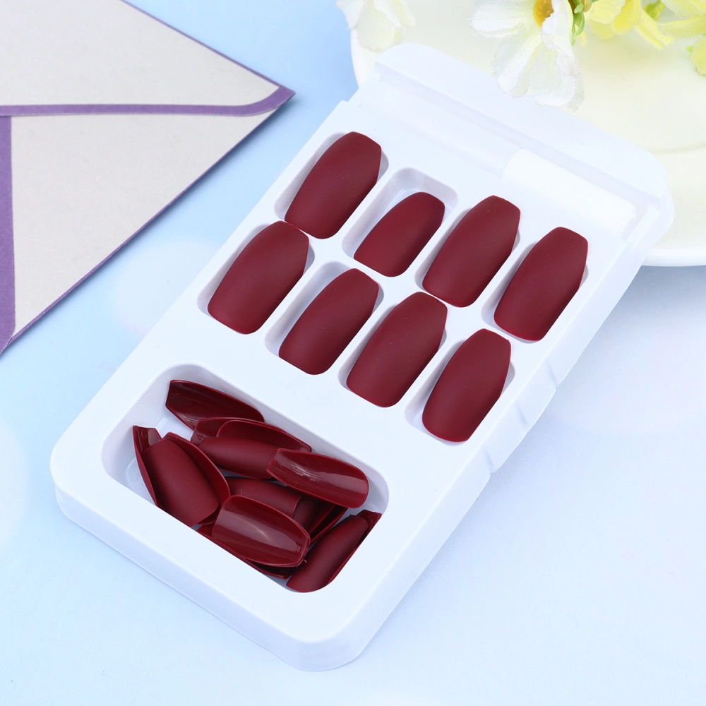 48pcs/2 Set Matte Fake Nail Tip False Nails Art Stickers Nail Tip Decals Nail Stickers Manicure Decoration (Wine Red)