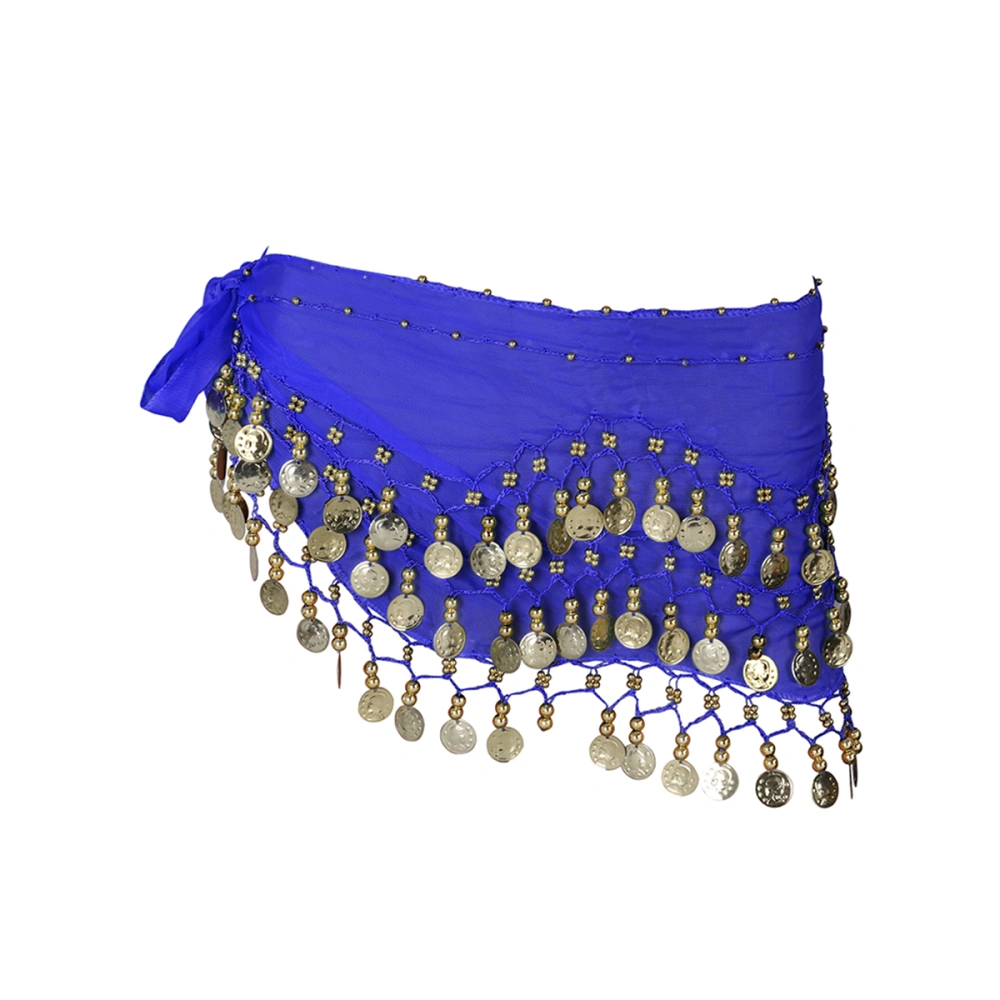 Women Chiffon Dangling Belly Dance Hip Scarf 3 Rows 128 Coins Wrap Belt for Belly Dancing (Sky Blue)