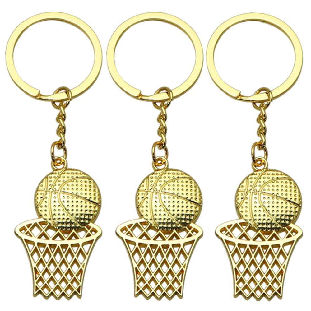 3 Pcs Keychain Purse Stainless Steel Basketball and Net Frame Keyring Fashionable Gift Hanging Adornment (Golden)