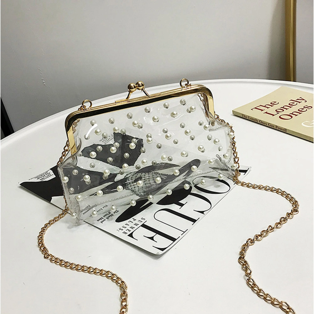 Women Clear Transparent PVC Handbag Chain Shoulder Bag Crossbody Messenger Bag With Pearl