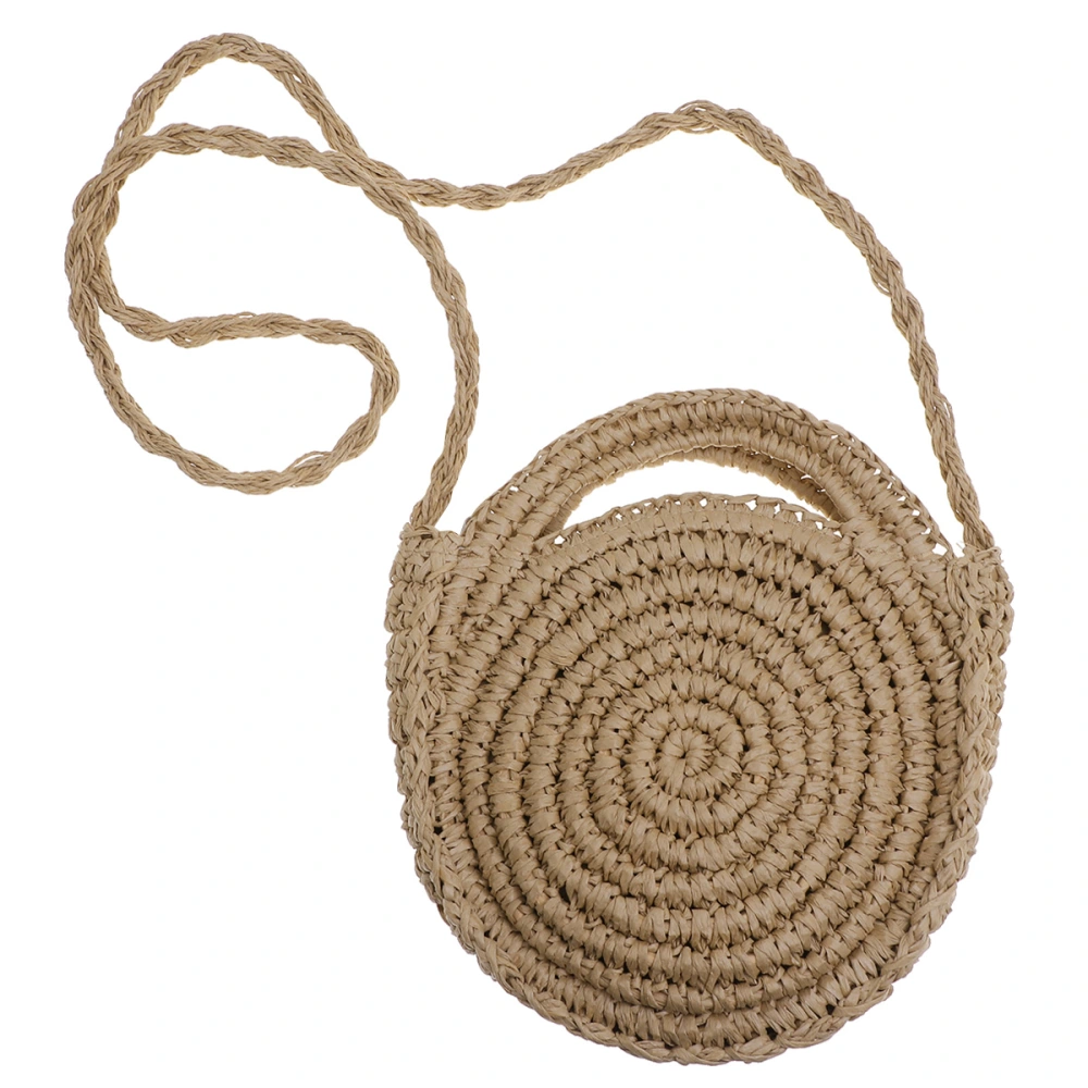 Fashion Paper Straw Crossbody Bag Handmade Round Woven Crossbody Bag Beach Bag for Women (Khaki)