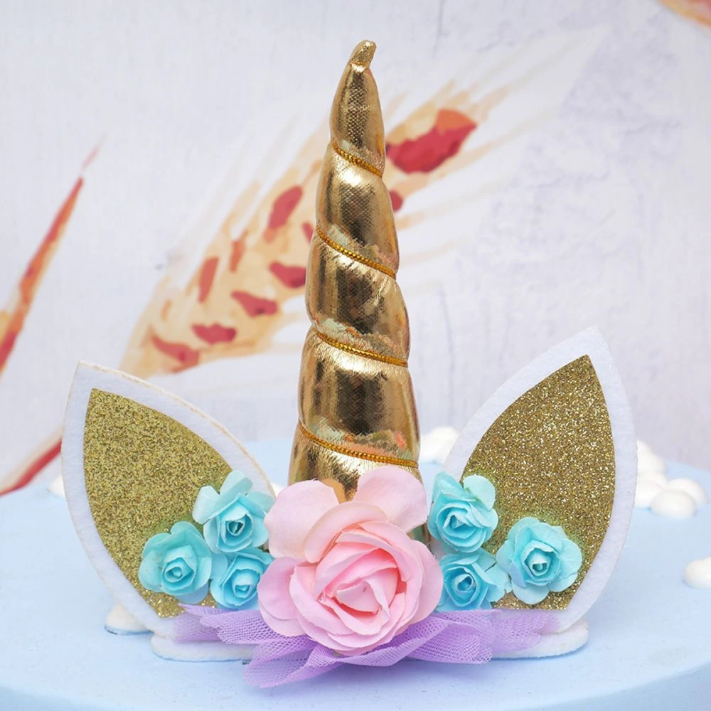 Unicorn Cake Topper with Flower Decorative Cake Decoration Party Supplies for Birthday Baby Shower Unicorn Theme Party (Golden)