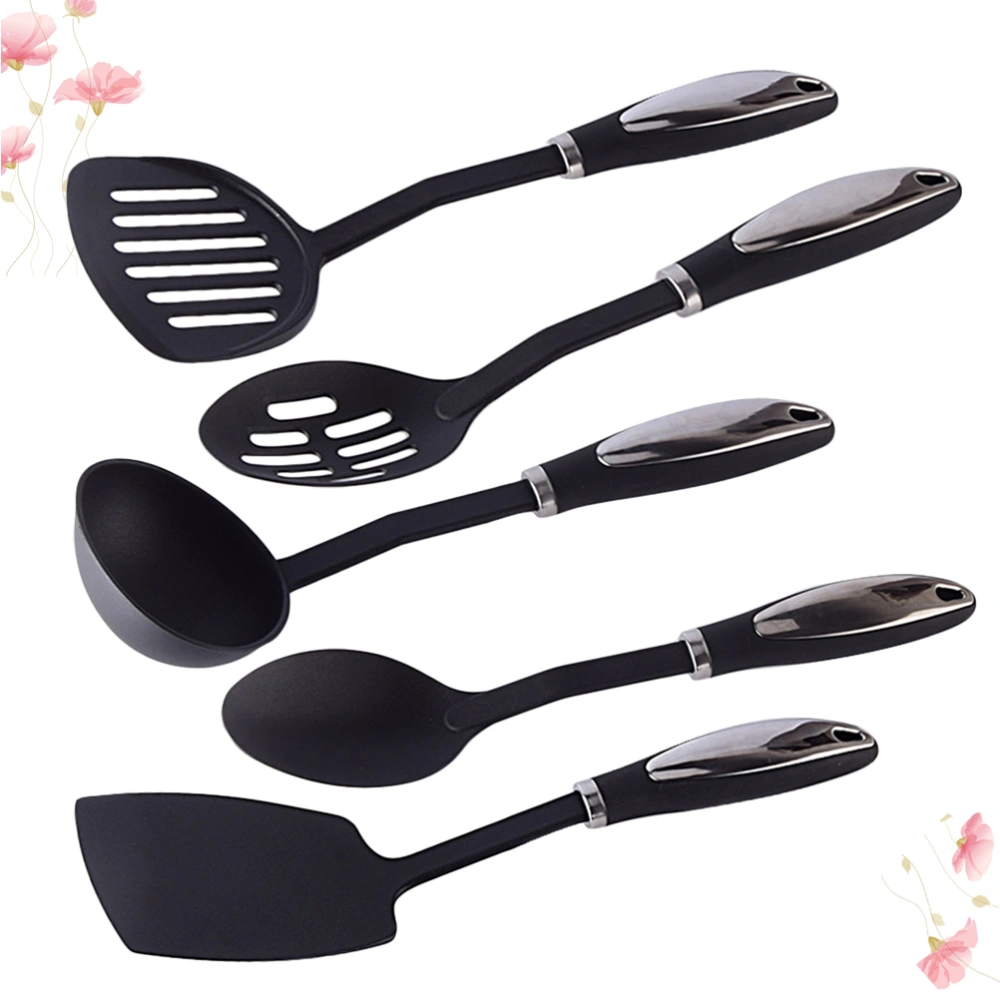 1Set 5Pcs Nylon Kitchenware Non-stick Cooking Tool Stainless Steel Handle Spatula Ladle Shovel Spoon Soup Kitchen Set (Black)