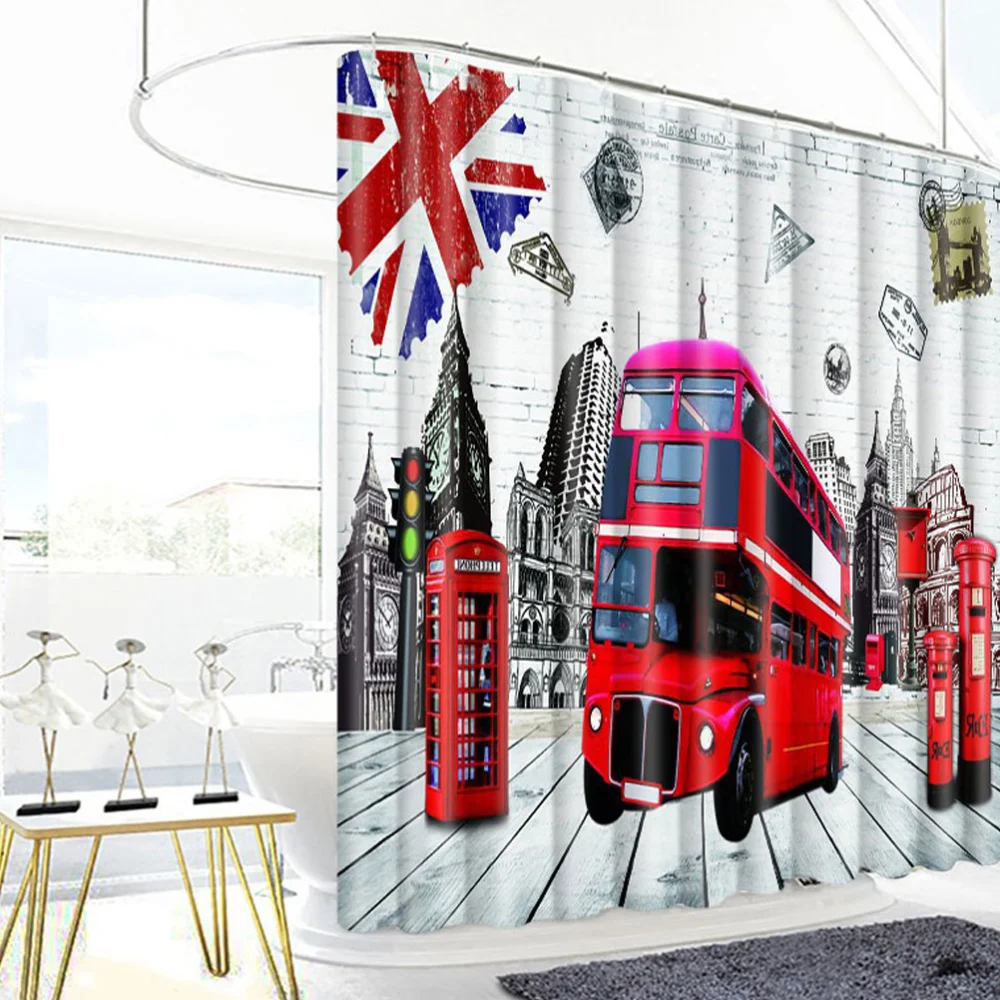 British Bus Printing Bathing Curtain Stylish Shower Curtain Fashion Home Bath Decor Curtain for Bathroom Hotel (180x180cm)