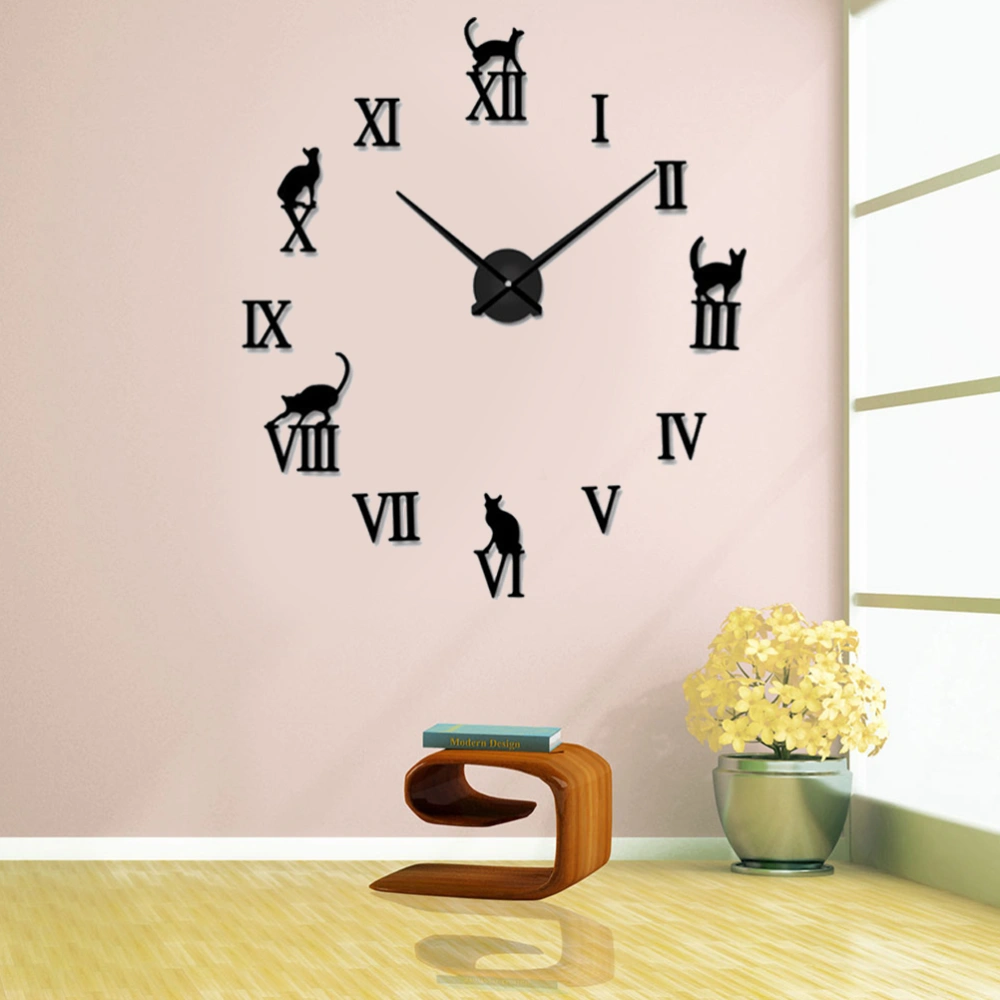 DIY Wall Clock Roman Numbers Frameless Cartoon Small Cat Modern Art Wall Clock Silent 3D Acrylic Sticker Home Decoration for Living Room Bedroom without Battery (Black)