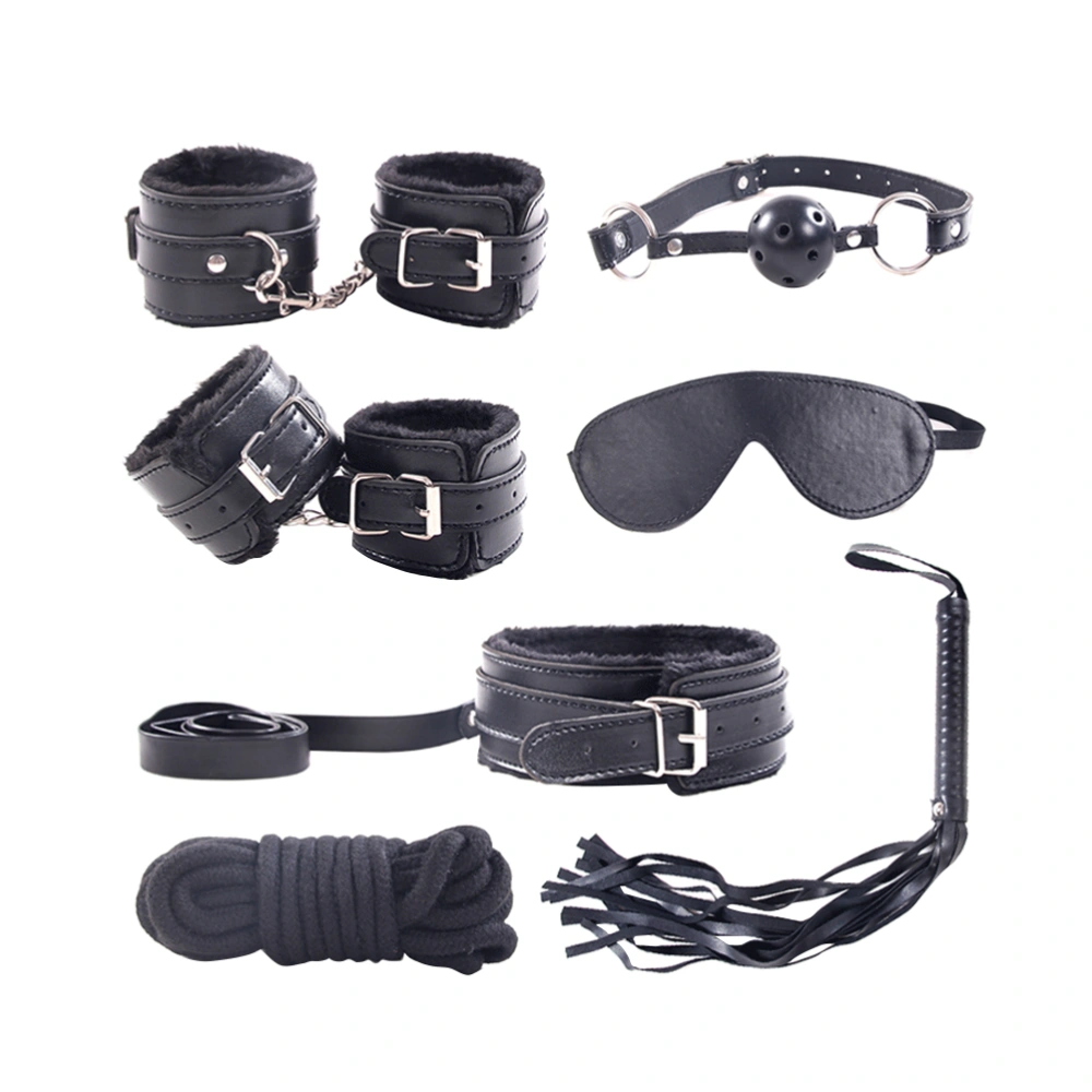 7pcs Leather Plush Sex Bondage Set Handcuffs Whip Eyemask Sex Restraining Toy (Black)