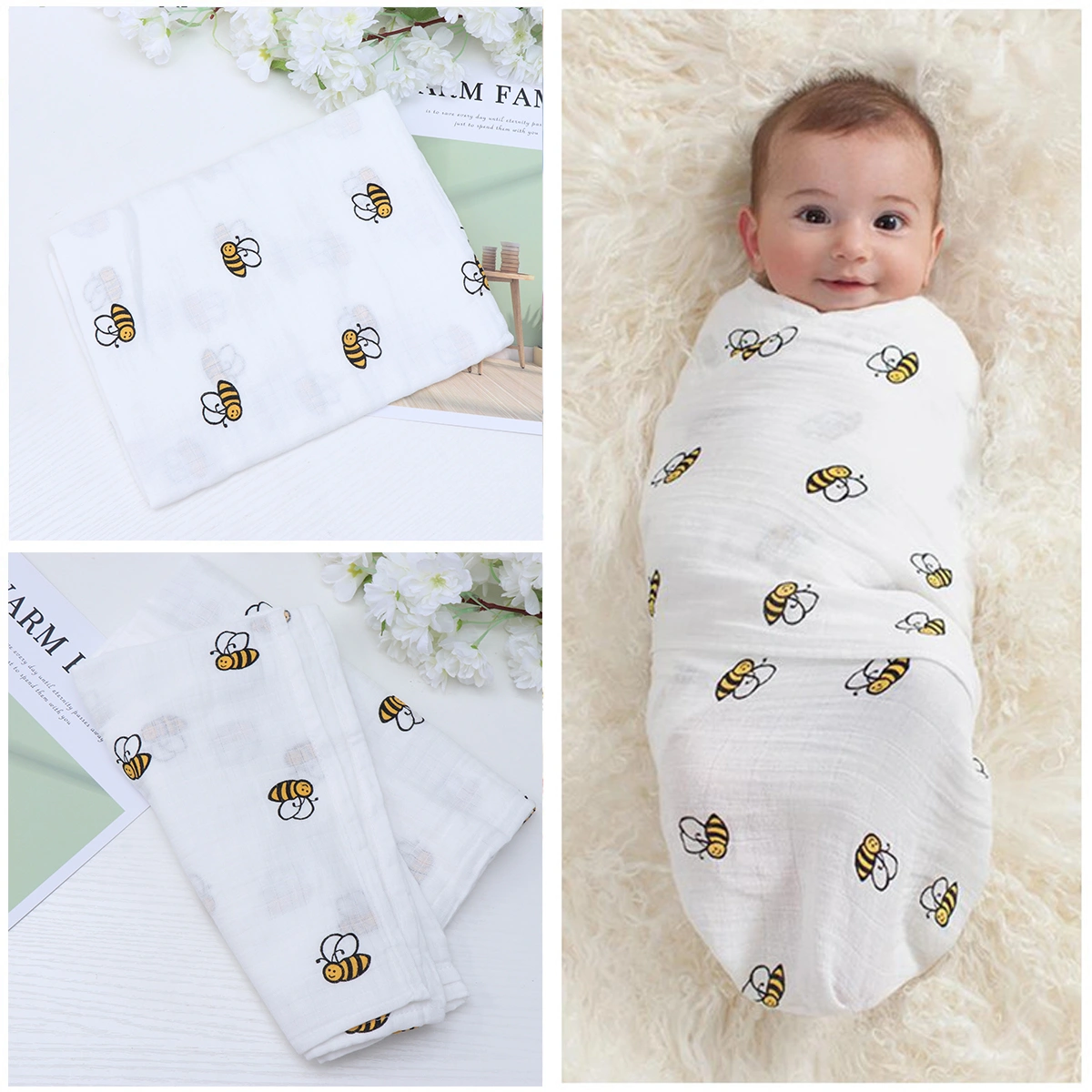 Cotton Wrapped Towel Bee Pattern Blanket for Newborn Baby Infant
