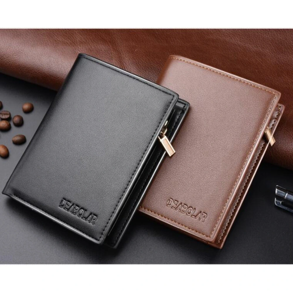 Men's Wallet PU Leather Billfold Fashionable Multiple Slot Purse Short Wallet with Zipper (Black)