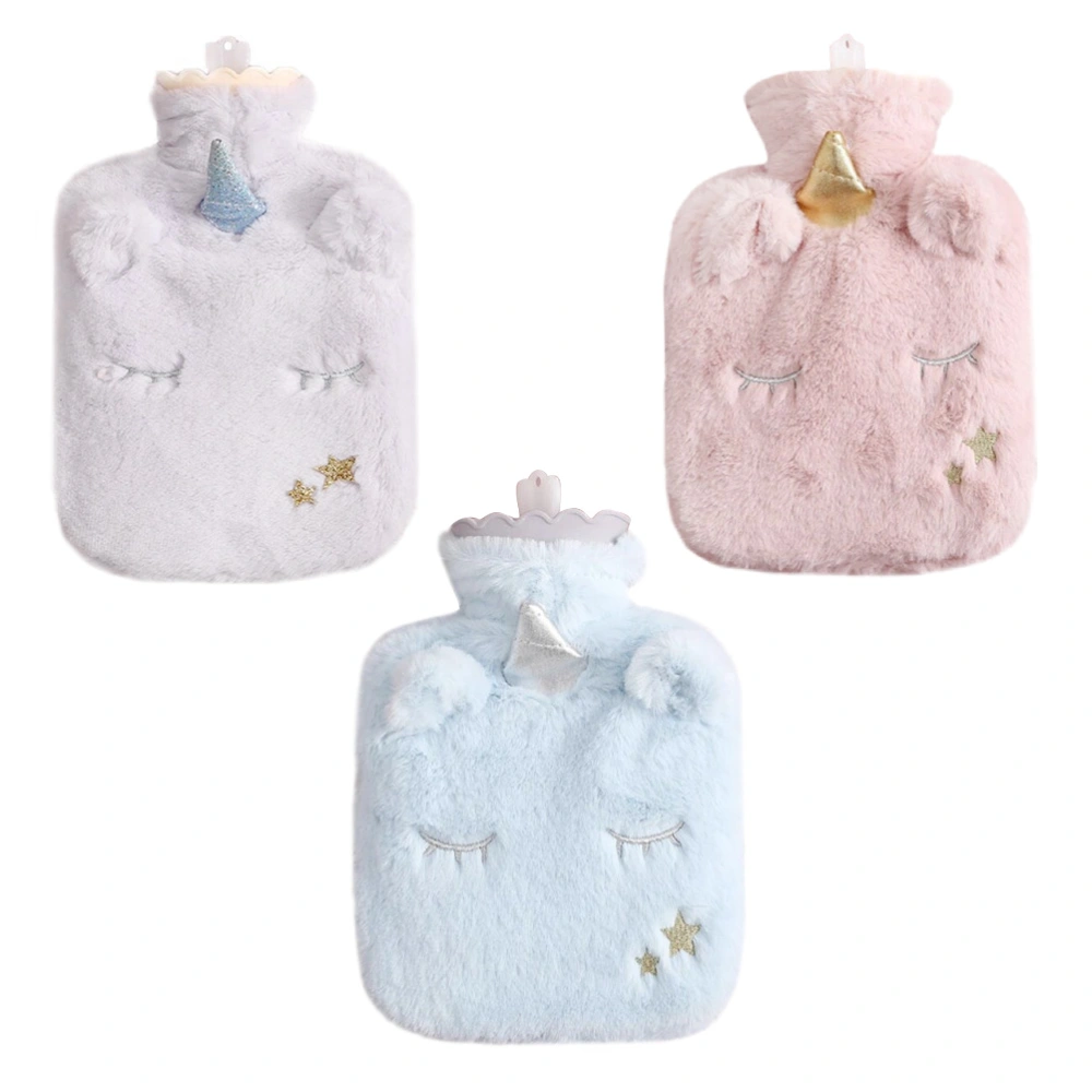 Plush Hand Warmer Hot Water Bottle Unicorn Water Filling Rubber Cloth Cover Hand Wamer (500ML Blue)