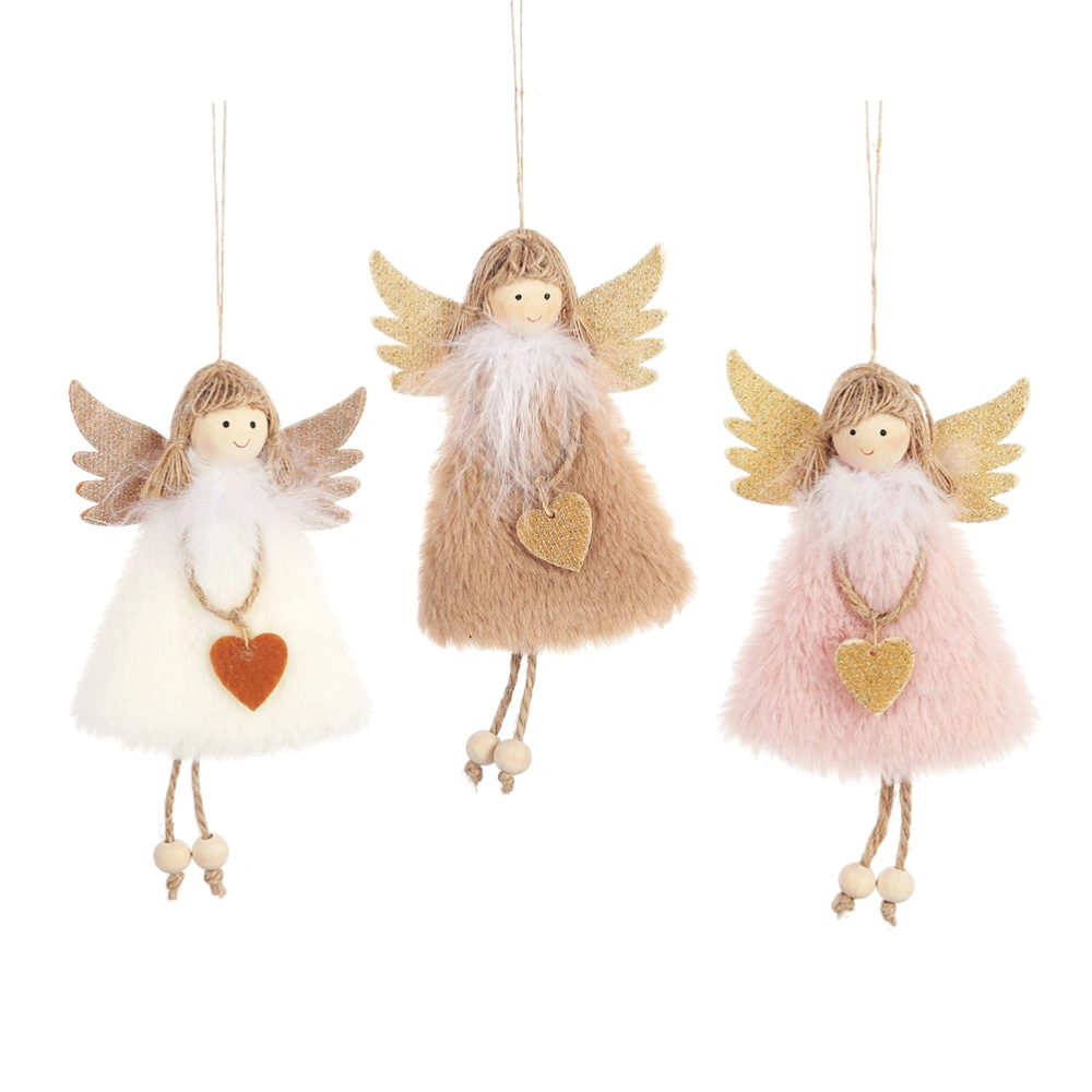 3 Pcs Christmas Hanging Pendant Plush Heart Angel Doll Hanging Christmas Tree Wall Hanging Ornament (White Pink Khaki)