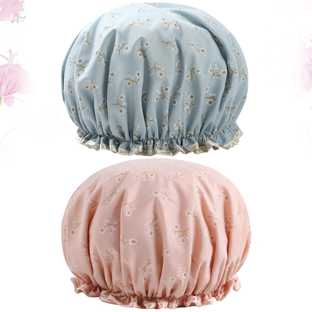 2pcs Double-layer Printed Shower Waterproof Bath Caps Eva Bathing Hat Beauty Caps For Woman (Pink Flower + Blue Flower)