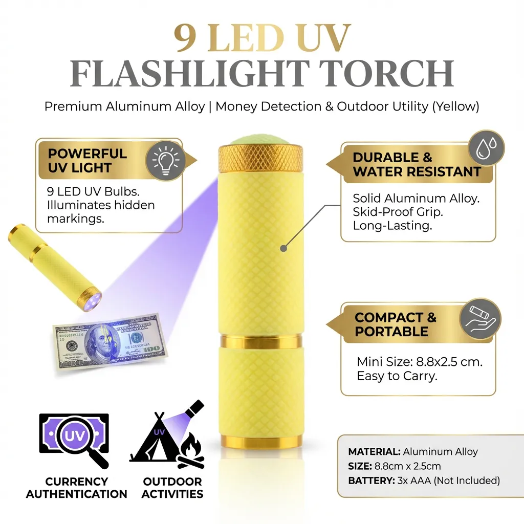 Handheld 9 LED UV Flashlight Torch Light Ultraviolet Light Aluminum Alloy Money Detection Torch without Battery (Yellow)
