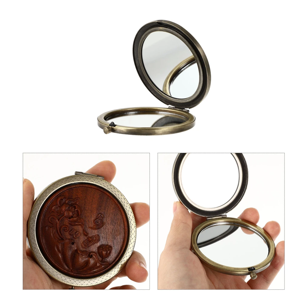 Wooden Metal Portable Makeup Mirror Round Mirror Retro Folding Mirror for Women