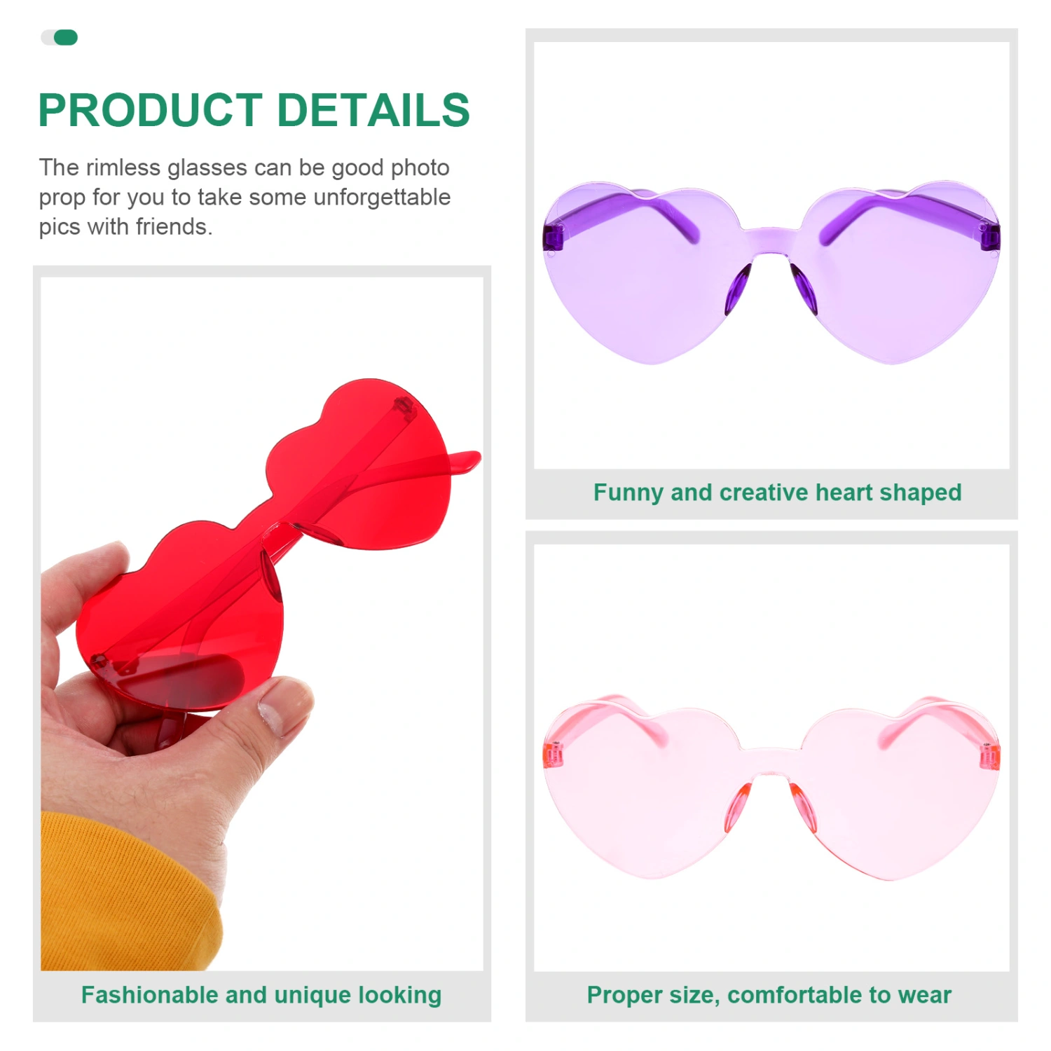 6 Pairs of Heart-shaped Sunglasses Stylish Party Eyeglasses Decorative Rimless Sunglasses
