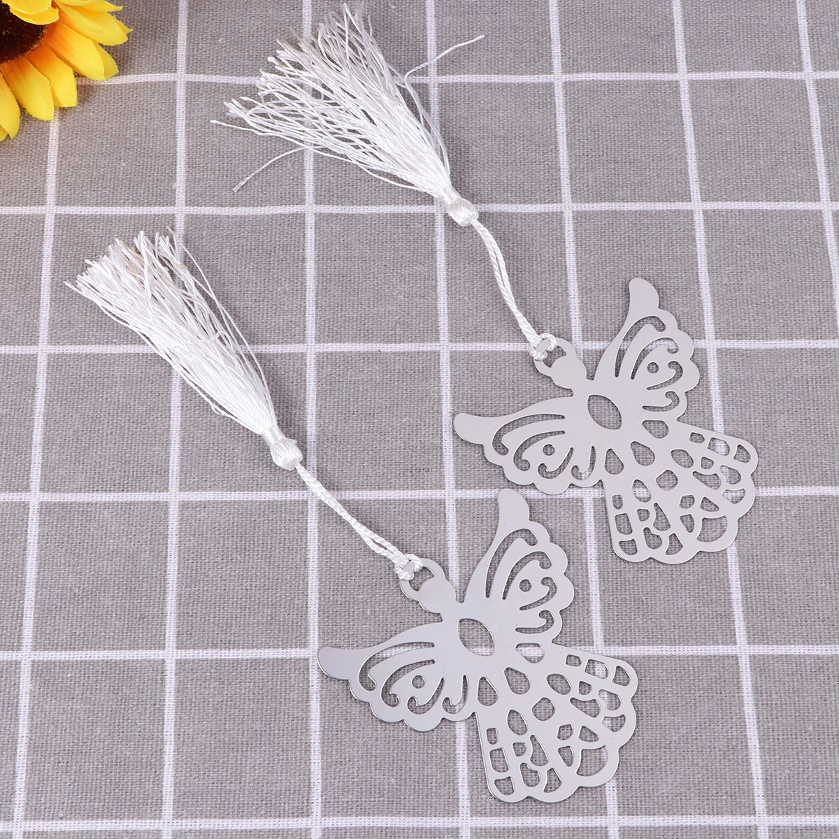 Silver Metal Angel Bookmark Wedding Party Favors with White Silk Tassel Pack of 6