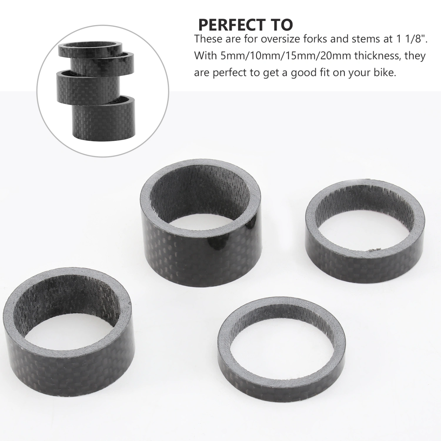 4pcs Different Sizes Full Carbon Fiber Bike Headset Stem Spacer Washers Gaskets 5mm /10mm /15mm /20mm (Black)