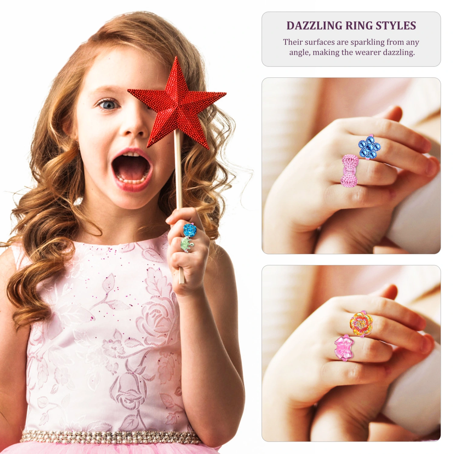36pcs Adjustable Kids Jewelry Rings Christmas Gift Toddler Rings Girl Pretend Play Rings Jewelries (Random Color & Shape)