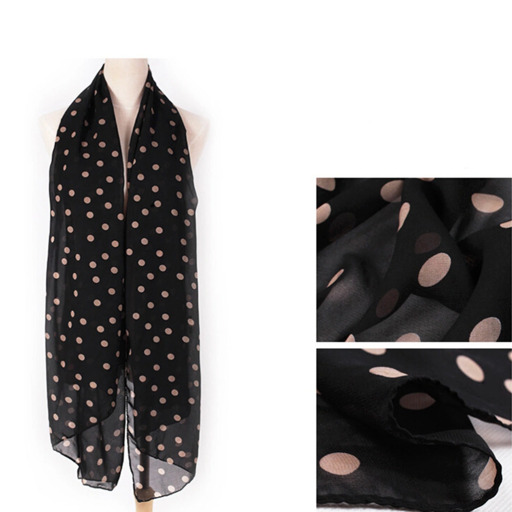 Stylish Polka Dots Chiffon Scarf Sunscreen Long Scarves Sun Block Shawl Wraps For Women Girls 150 x 48 cm (Black Scarf, Beige Dots)