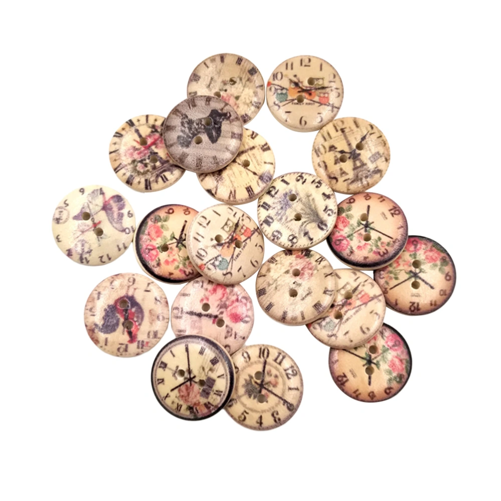 50 Pcs Mixed Random Painting Colorful Clock 2 Holes Wooden Buttons Decorative Wood Button for Sewing Crafting Clothing(Random Pattern)