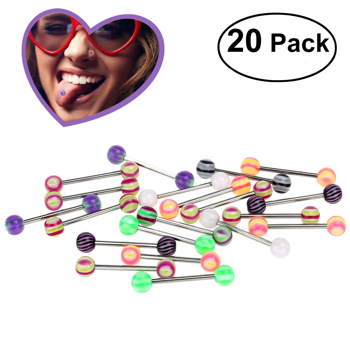 TINKSKY 20pcs Colorful Women Tongue Ring Bar Stud (Random Color)