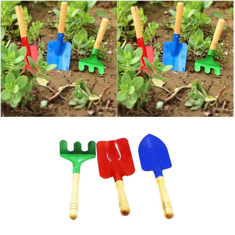 3pcs Mini Candy Color Garden Tool Iron Shovel Trowel Rake with Wooden Handle for Kids Child Girl (Random Color)