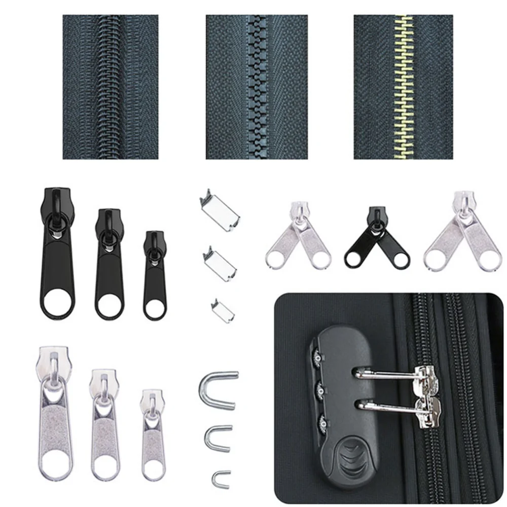 1 Set/197PCS Zinc Alloy Zipper Head Zipper Stops Accessories Plastic Bag Zipper Supplies for Luggage Clothing Home Textiles Use (194pcs Zipper, 1pc End Cutting Pliers, Flat Nose Pliers, Plastic Box)