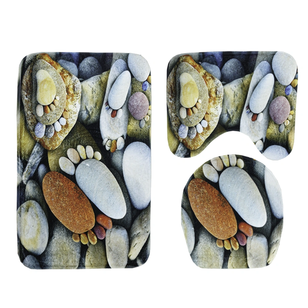 Three Pieces Printed Bathroom Pedestal Mat Set Non-Slip Bath Mat Toilet Rug Closestool Lid Cover (Colorful Pebbles)