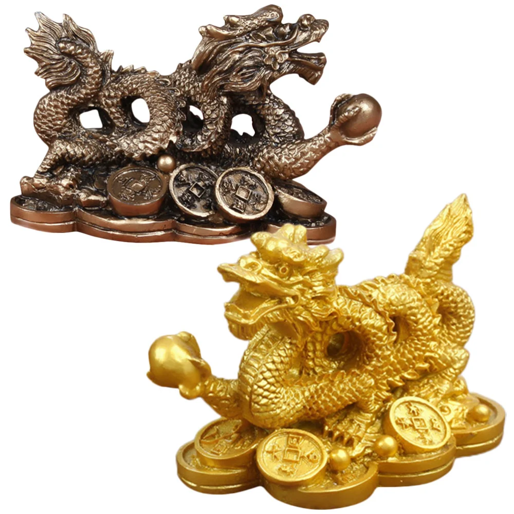 2pcs Antique Auspicious Dragon with Coins Artware Dragon Ornament Home Desktop Decor