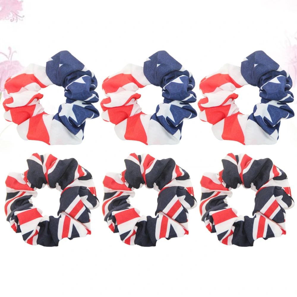 6Pcs Cloth Hair Ring National Flag Pattern Hair Circle Women Ponytail Holder Random Style (England Flag and American Flag for Each 3Pcs)