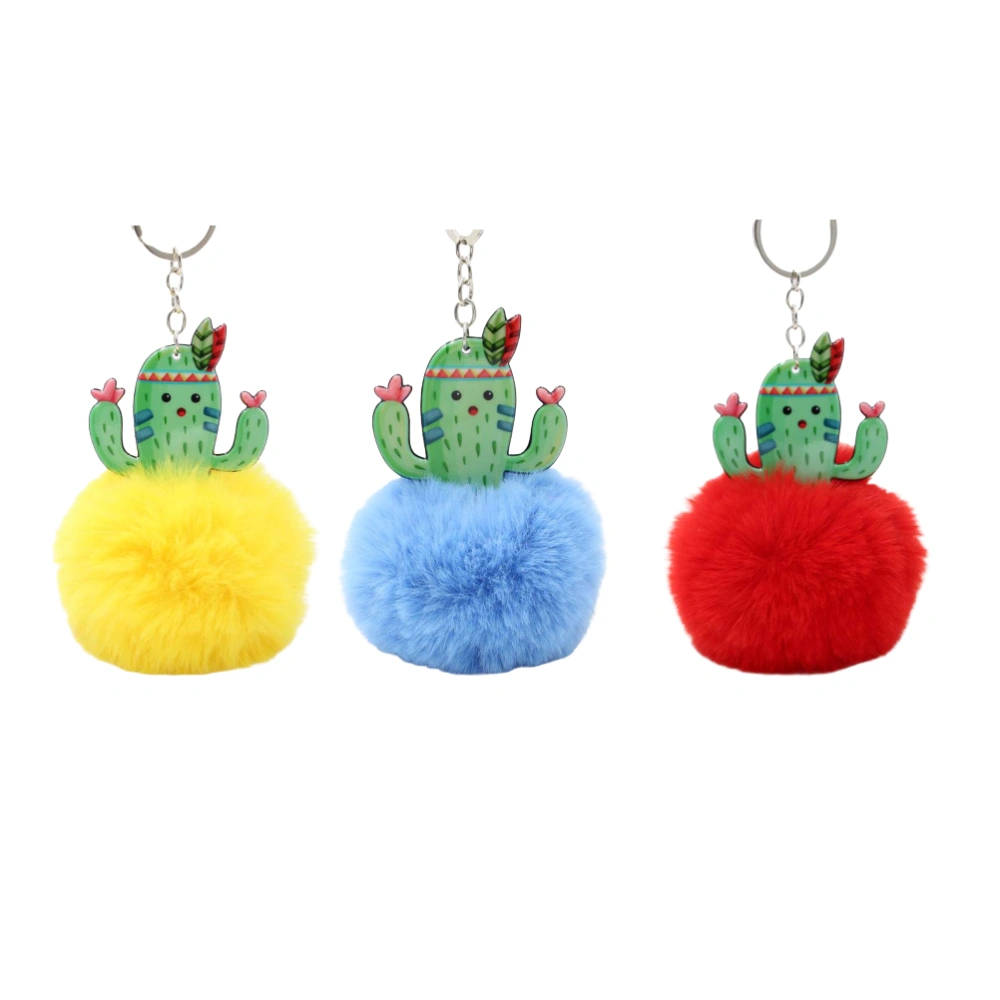 3PCS Chic Cactus Plush Ball Keychains Creative Key Holder Lovely Key Ring Bag Decoration Small Gift (Yellow + Blue + Red)