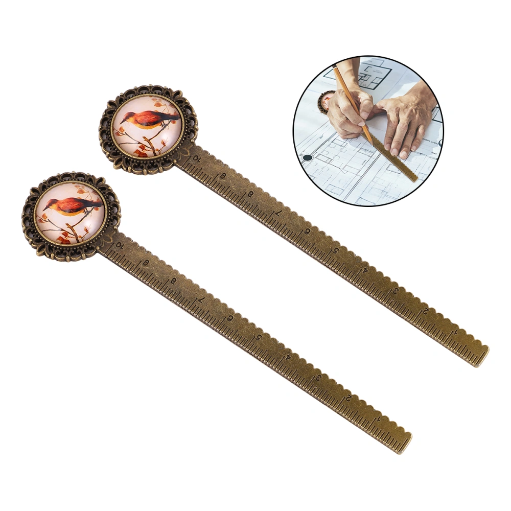 2Pcs Creative Measuring Ruler Vintage Design Bird-patterned Bookmark Ruler Multifunctional Straight Ruler for Office School (Bronze)