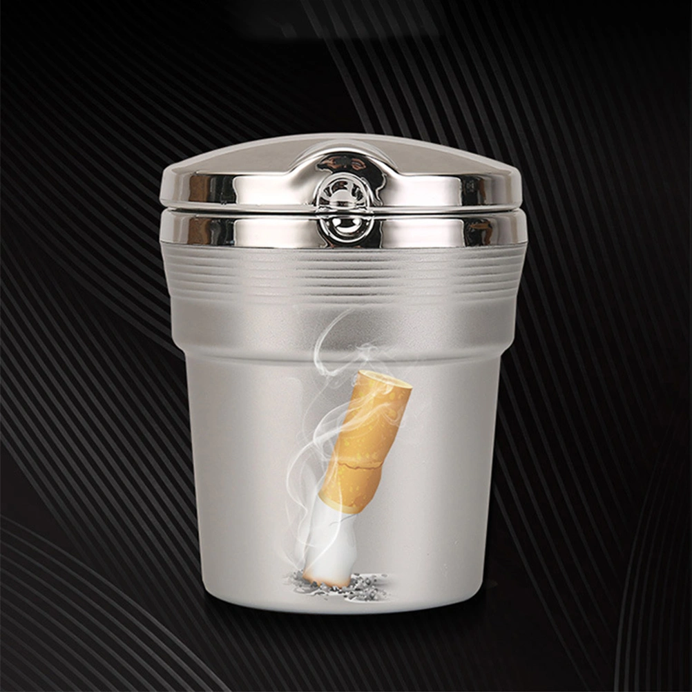 Vehicle-Mounted Ashtray Metal Ahstray with LED Lights Versatile Car Ashtray With a Lid (Silver）