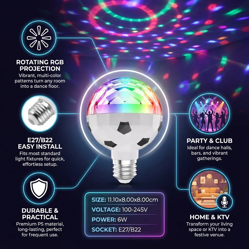 Disco Light Bulb Football LED Light Bulb Rotating RGB Light Bulb Party Disco Light