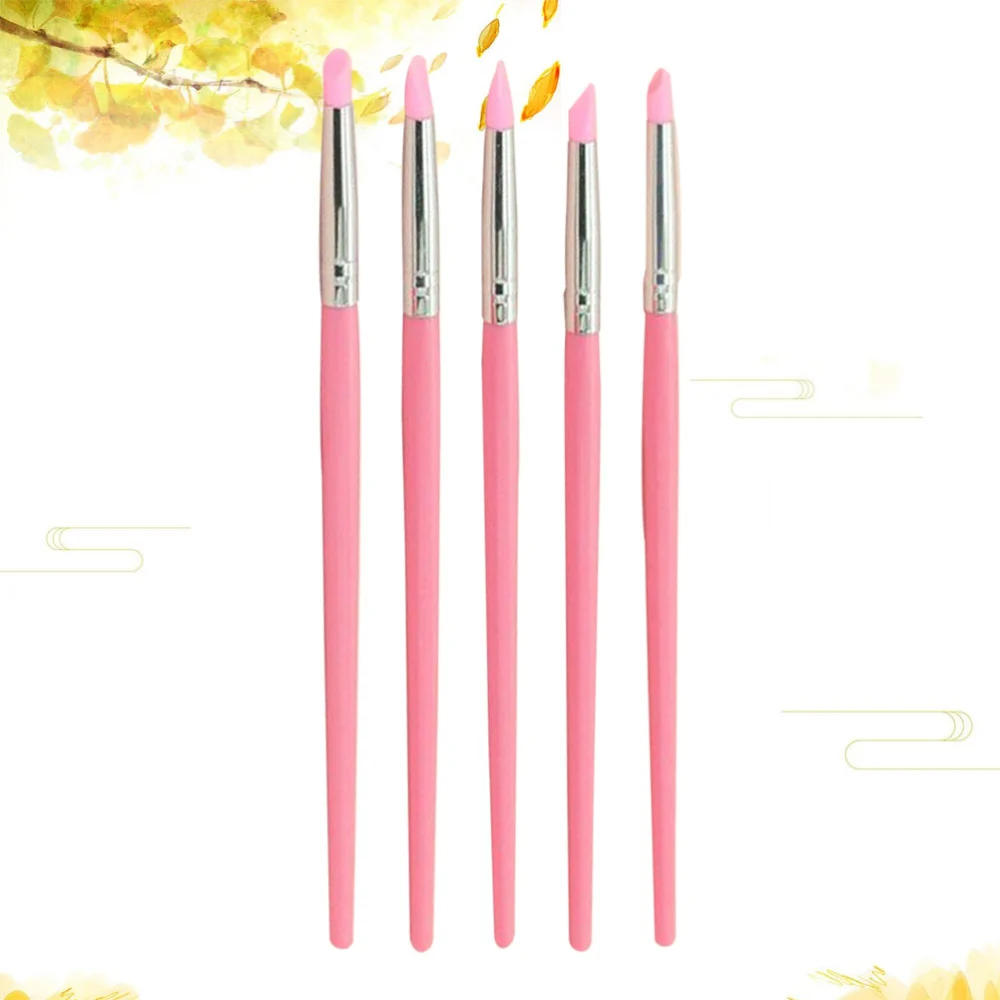 5pcs Nail Art Sculpture Carving Pen Kit Silicone Head Painting Brushes for 3D Effect Shaping Drawing Tools (Pink)