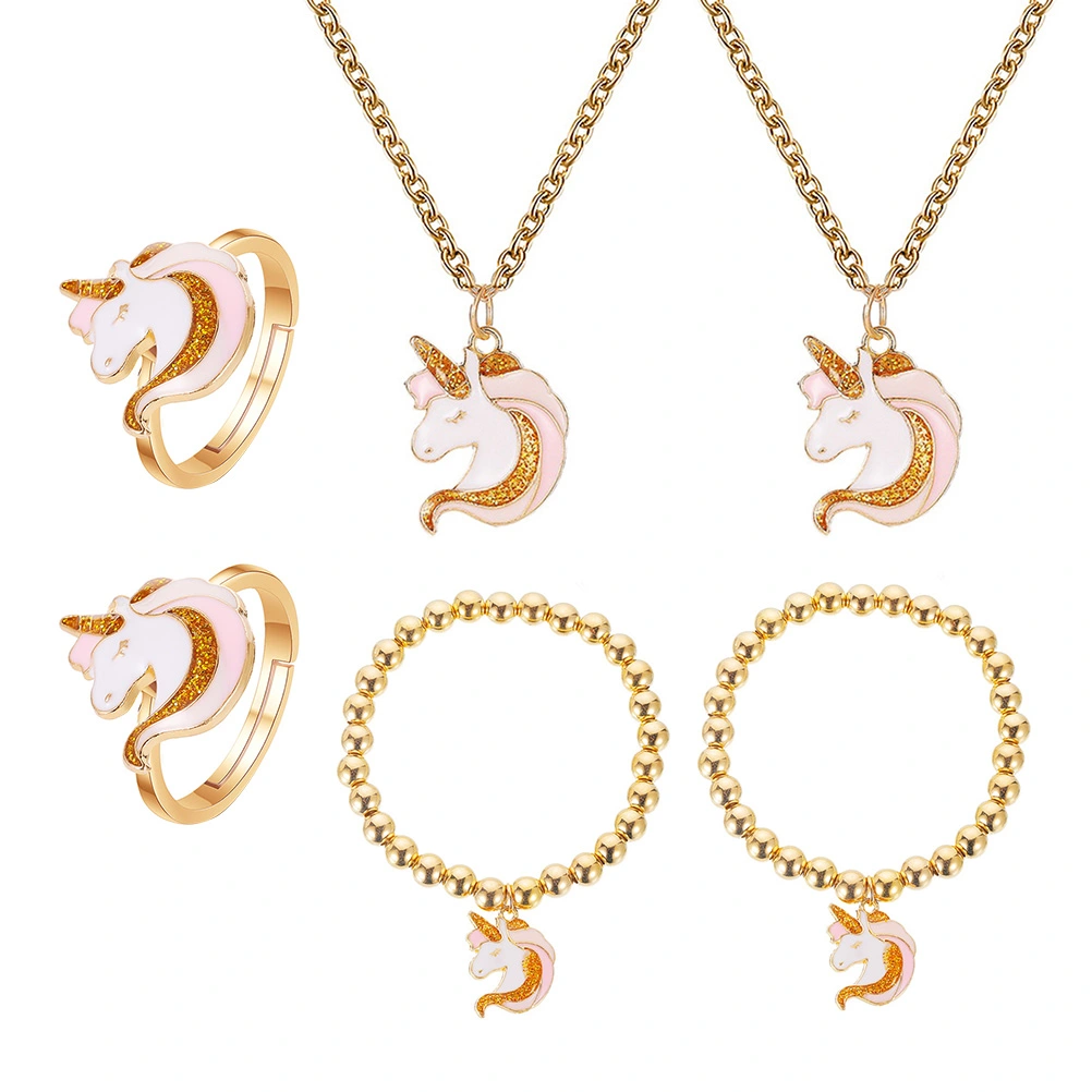 2 Sets/6PCS Unicorn Themed Jewelry Set Cartoon Necklace Elastic Bracelet Ring Alloy Ring for Women Girls Decoration