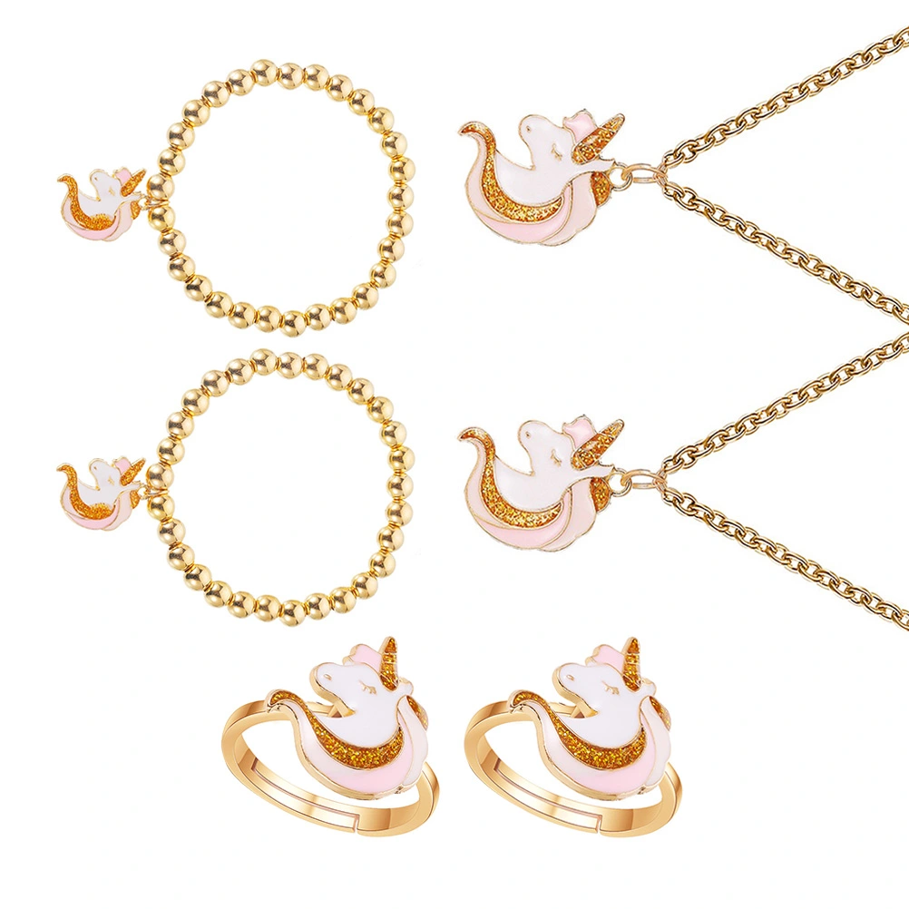 2 Sets/6PCS Unicorn Themed Jewelry Set Cartoon Necklace Elastic Bracelet Ring Alloy Ring for Women Girls Decoration