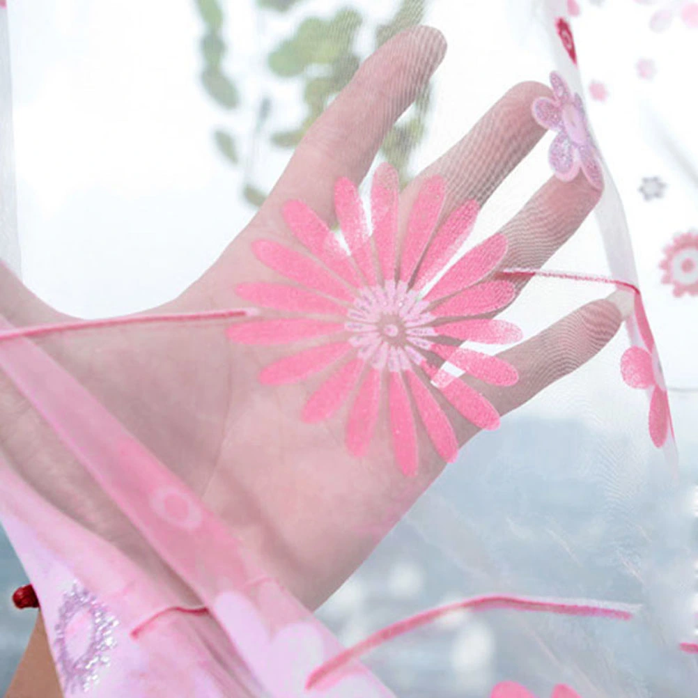 Floral Tulle Window Sheer Rod Pocket Voile Curtains for Bedroom Living Room 100x200cm (Pink)