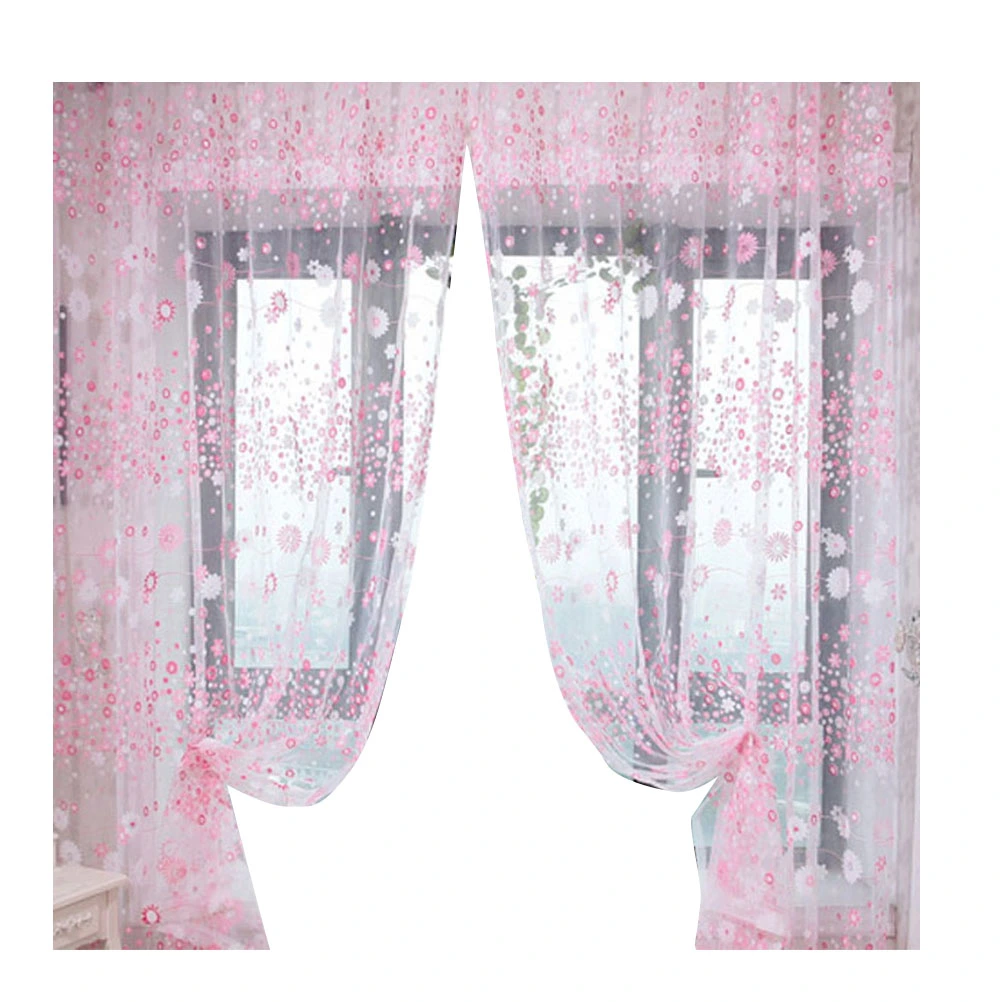 Floral Tulle Window Sheer Rod Pocket Voile Curtains for Bedroom Living Room 100x200cm (Pink)